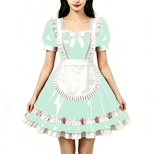Shine Fetish PVC Maid Dress Vintage Square Neck Maid Party Lace Lolita Chest Bow Apron Cosplay Mini Dress Nightclub Streetwear