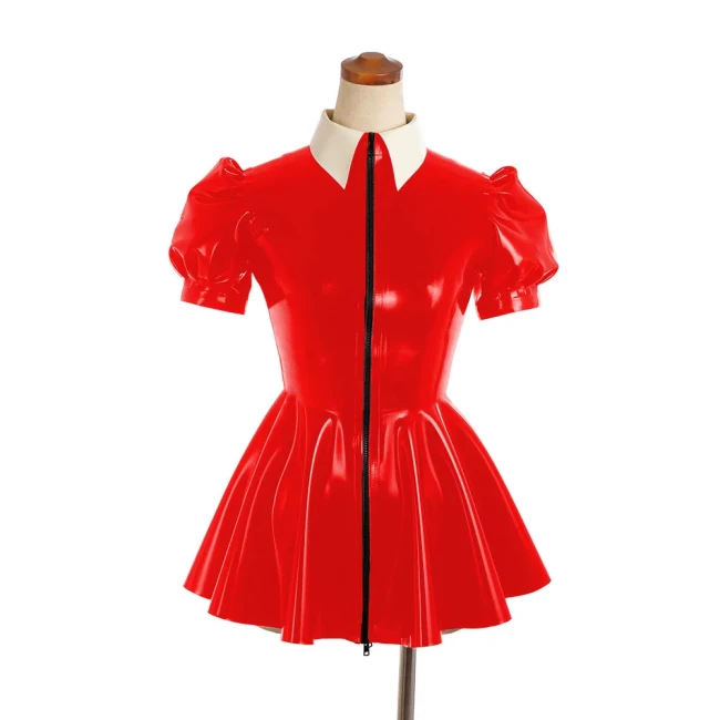 Sexy PVC Leather Slim A-line Dress Shiny Puff Short Sleeved Nightclub Mini Club Dresses Faux Latex Dress Women's Dance Clubwear