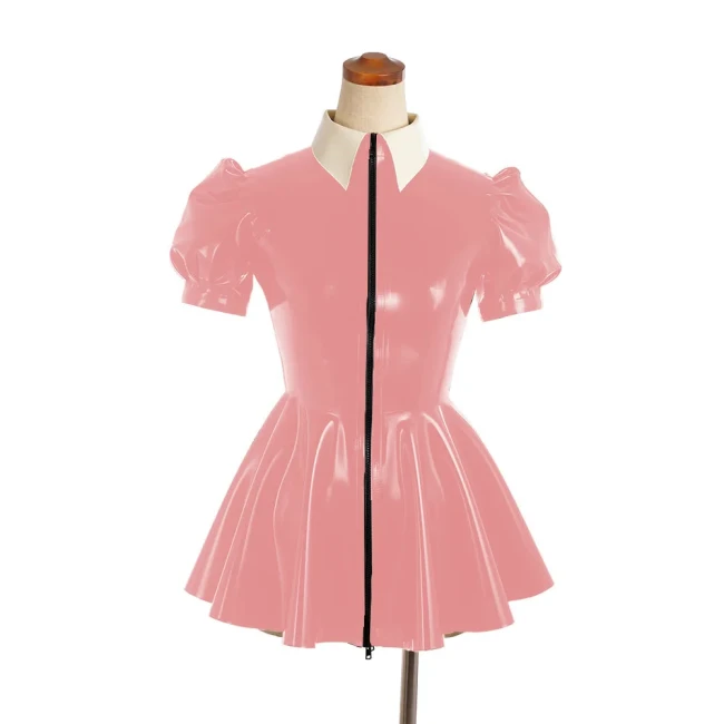 Sexy PVC Leather Slim A-line Dress Shiny Puff Short Sleeved Nightclub Mini Club Dresses Faux Latex Dress Women's Dance Clubwear