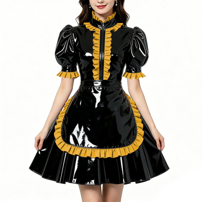 Glossy Shiny PVC Zipper Maid Dress Puff Short Sleeve Maid Bodycon Mini Skirt Fetish Cosplay Evening Party Streetwear Uniform