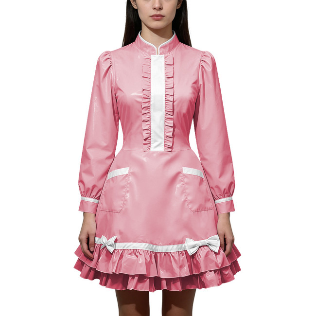 Shiny PVC Leather Long Sleeve Cosplay Lolita Exotic Stand Collar Maid Contrast Color Mini Dress Sexy Uniform Pocket Clubwear