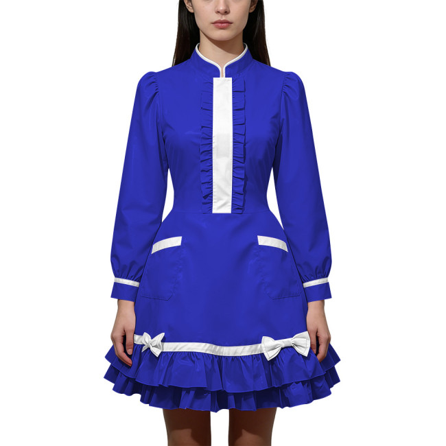 Shiny PVC Leather Long Sleeve Cosplay Lolita Exotic Stand Collar Maid Contrast Color Mini Dress Sexy Uniform Pocket Clubwear