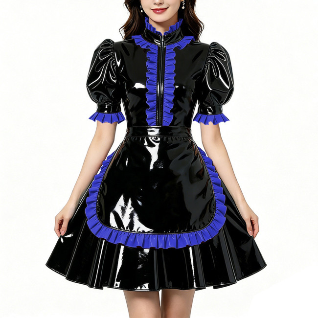 Glossy Shiny PVC Zipper Maid Dress Puff Short Sleeve Maid Bodycon Mini Skirt Fetish Cosplay Evening Party Streetwear Uniform
