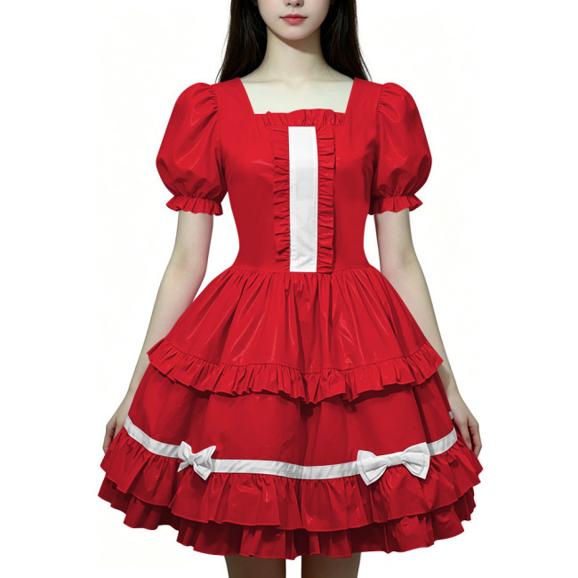 Women Wetlook PVC Leather Maid Dress Double Trim Mini Dress Zipper Party Lolita Cosplay Uniform Square Collar Evening Streetwear
