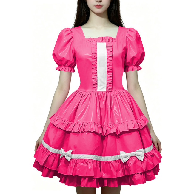 Women Wetlook PVC Leather Maid Dress Double Trim Mini Dress Zipper Party Lolita Cosplay Uniform Square Collar Evening Streetwear