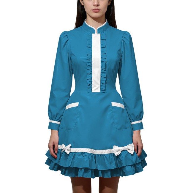 Shiny PVC Leather Long Sleeve Cosplay Lolita Exotic Stand Collar Maid Contrast Color Mini Dress Sexy Uniform Pocket Clubwear