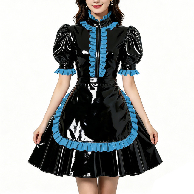Glossy Shiny PVC Zipper Maid Dress Puff Short Sleeve Maid Bodycon Mini Skirt Fetish Cosplay Evening Party Streetwear Uniform