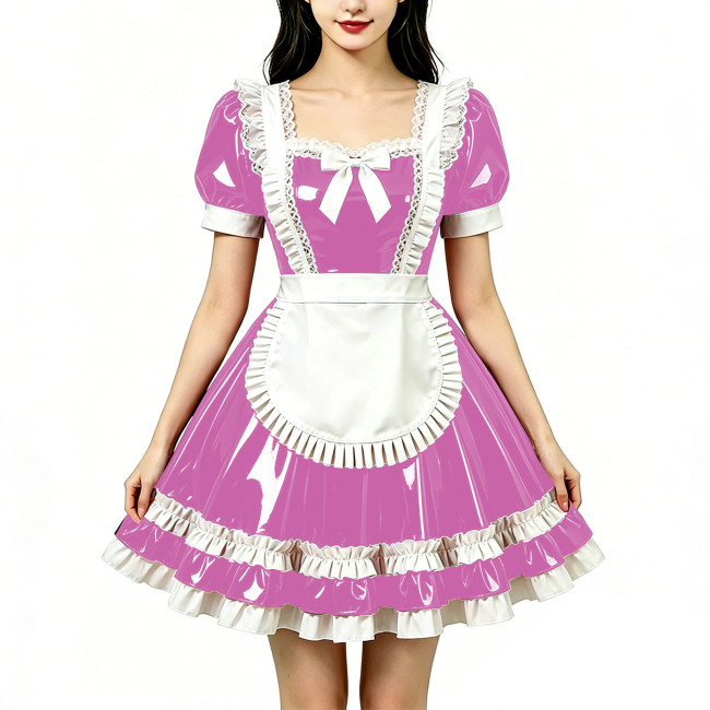 Shine Fetish PVC Maid Dress Vintage Square Neck Maid Party Lace Lolita Chest Bow Apron Cosplay Mini Dress Nightclub Streetwear