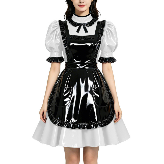 Shiny PVC Vinyl Wetlook Maid Gothic Cosplay Ruffle Apron Lolita Puff Short Sleeve Dress Fetish Bow Neck Waitress Uniform Dress