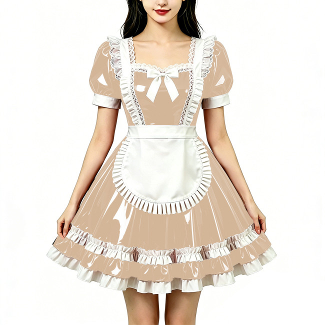Shine Fetish PVC Maid Dress Vintage Square Neck Maid Party Lace Lolita Chest Bow Apron Cosplay Mini Dress Nightclub Streetwear