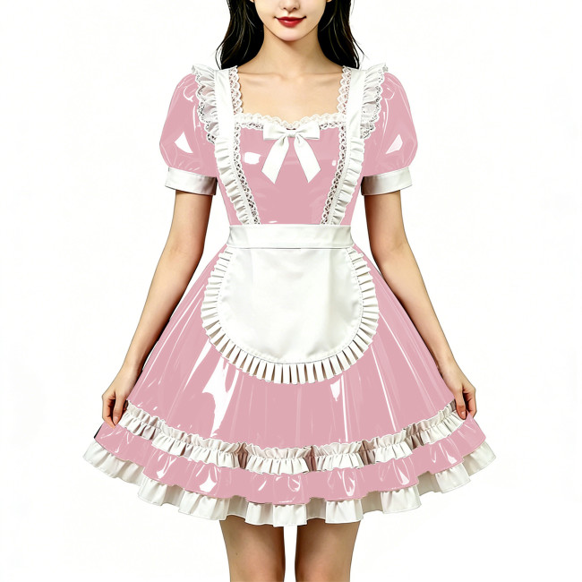 Shine Fetish PVC Maid Dress Vintage Square Neck Maid Party Lace Lolita Chest Bow Apron Cosplay Mini Dress Nightclub Streetwear