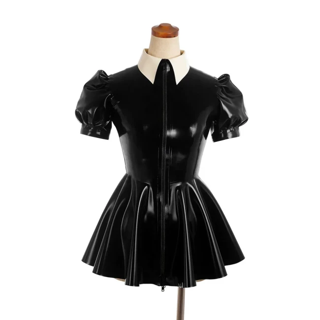 Sexy PVC Leather Slim A-line Dress Shiny Puff Short Sleeved Nightclub Mini Club Dresses Faux Latex Dress Women's Dance Clubwear