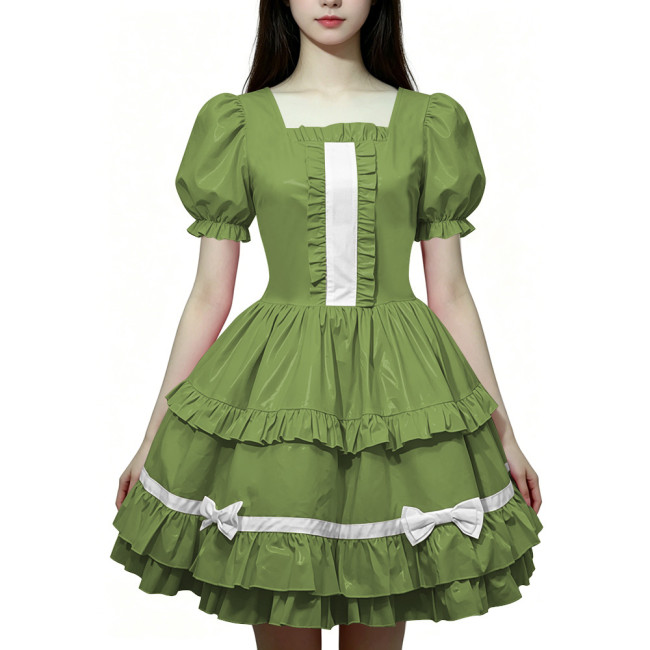 Women Wetlook PVC Leather Maid Dress Double Trim Mini Dress Zipper Party Lolita Cosplay Uniform Square Collar Evening Streetwear