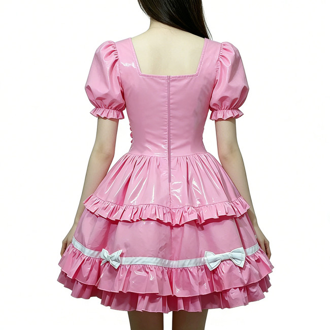 Women Wetlook PVC Leather Maid Dress Double Trim Mini Dress Zipper Party Lolita Cosplay Uniform Square Collar Evening Streetwear