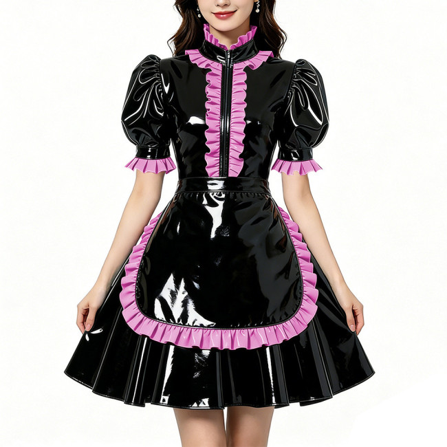 Glossy Shiny PVC Zipper Maid Dress Puff Short Sleeve Maid Bodycon Mini Skirt Fetish Cosplay Evening Party Streetwear Uniform