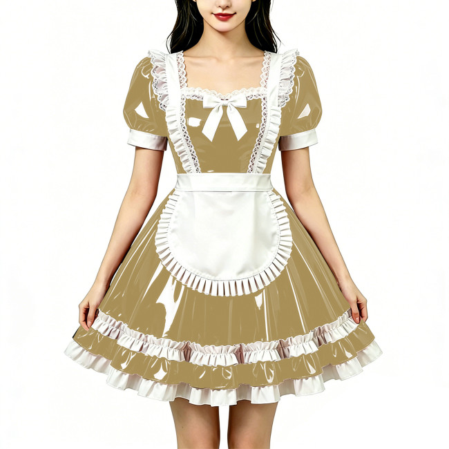 Shine Fetish PVC Maid Dress Vintage Square Neck Maid Party Lace Lolita Chest Bow Apron Cosplay Mini Dress Nightclub Streetwear