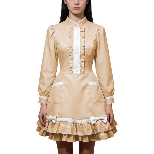 Shiny PVC Leather Long Sleeve Cosplay Lolita Exotic Stand Collar Maid Contrast Color Mini Dress Sexy Uniform Pocket Clubwear