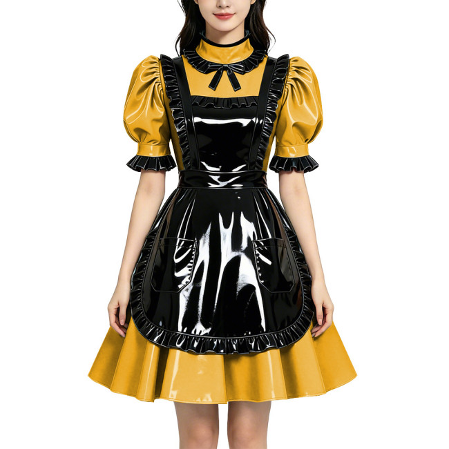 Shiny PVC Vinyl Wetlook Maid Gothic Cosplay Ruffle Apron Lolita Puff Short Sleeve Dress Fetish Bow Neck Waitress Uniform Dress