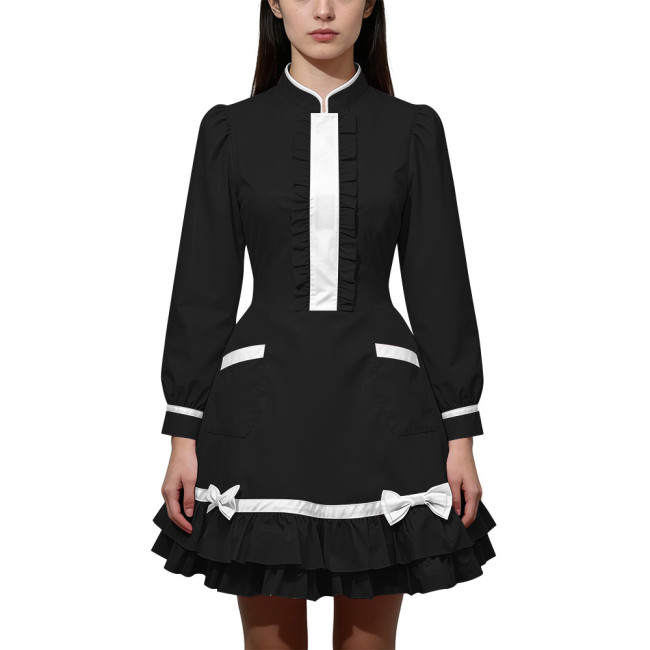 Shiny PVC Leather Long Sleeve Cosplay Lolita Exotic Stand Collar Maid Contrast Color Mini Dress Sexy Uniform Pocket Clubwear