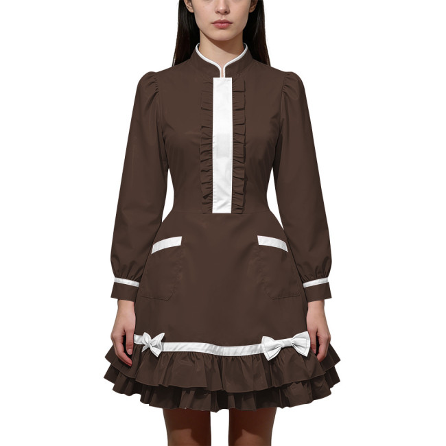 Shiny PVC Leather Long Sleeve Cosplay Lolita Exotic Stand Collar Maid Contrast Color Mini Dress Sexy Uniform Pocket Clubwear