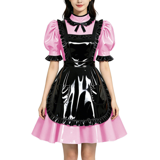 Shiny PVC Vinyl Wetlook Maid Gothic Cosplay Ruffle Apron Lolita Puff Short Sleeve Dress Fetish Bow Neck Waitress Uniform Dress