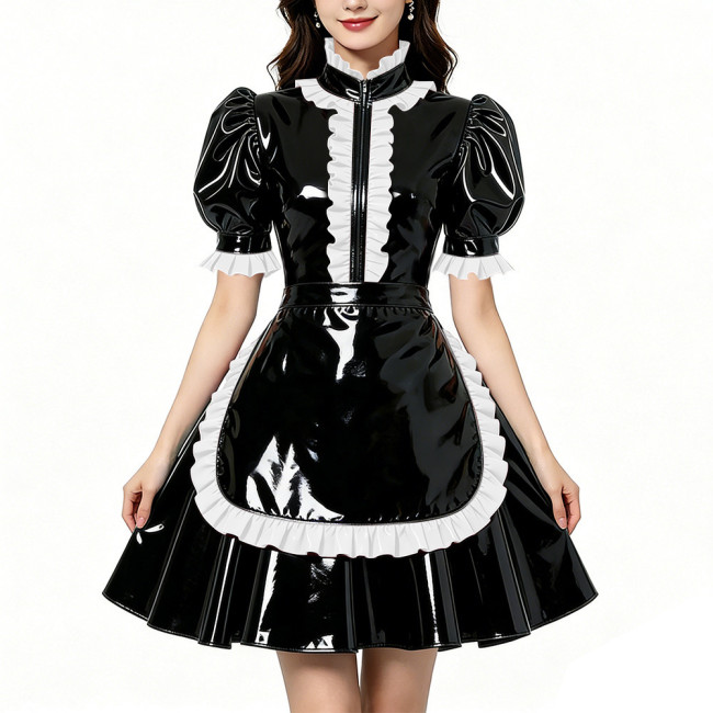 Glossy Shiny PVC Zipper Maid Dress Puff Short Sleeve Maid Bodycon Mini Skirt Fetish Cosplay Evening Party Streetwear Uniform