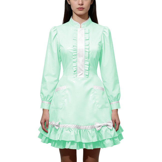 Shiny PVC Leather Long Sleeve Cosplay Lolita Exotic Stand Collar Maid Contrast Color Mini Dress Sexy Uniform Pocket Clubwear