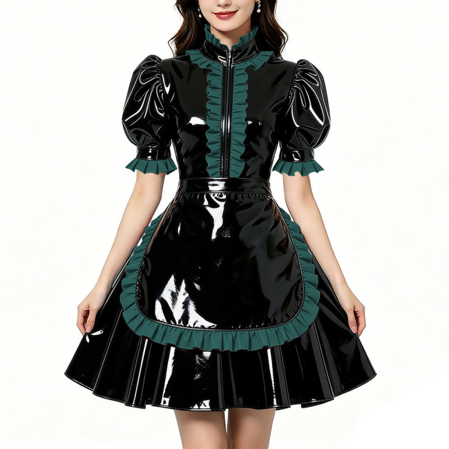 Glossy Shiny PVC Zipper Maid Dress Puff Short Sleeve Maid Bodycon Mini Skirt Fetish Cosplay Evening Party Streetwear Uniform