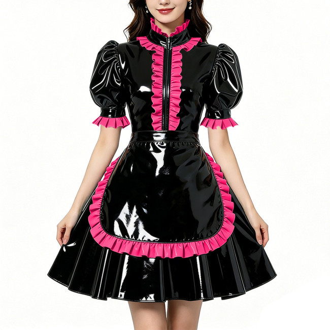Glossy Shiny PVC Zipper Maid Dress Puff Short Sleeve Maid Bodycon Mini Skirt Fetish Cosplay Evening Party Streetwear Uniform