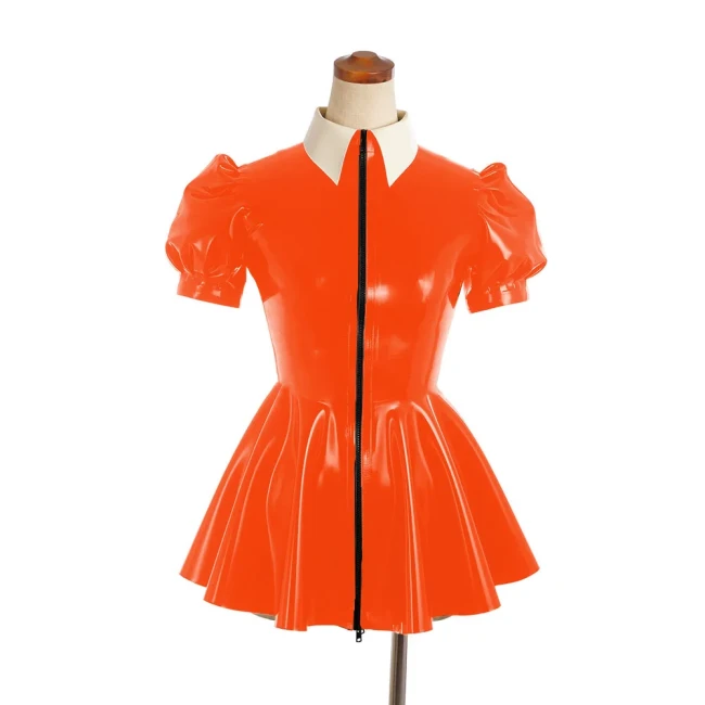 Sexy PVC Leather Slim A-line Dress Shiny Puff Short Sleeved Nightclub Mini Club Dresses Faux Latex Dress Women's Dance Clubwear