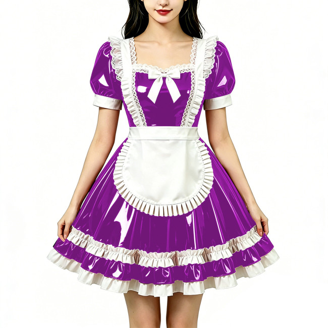 Shine Fetish PVC Maid Dress Vintage Square Neck Maid Party Lace Lolita Chest Bow Apron Cosplay Mini Dress Nightclub Streetwear