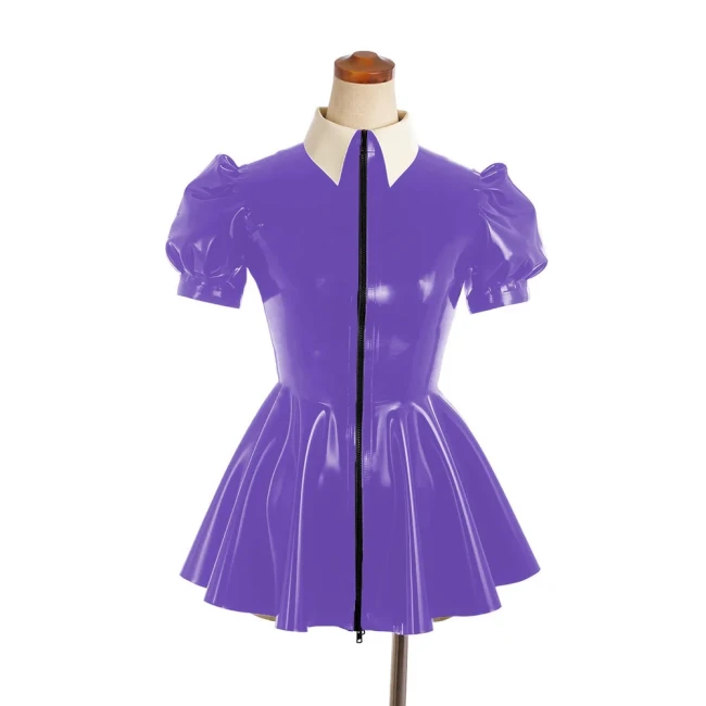 Sexy PVC Leather Slim A-line Dress Shiny Puff Short Sleeved Nightclub Mini Club Dresses Faux Latex Dress Women's Dance Clubwear