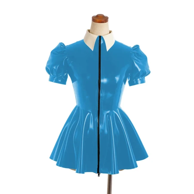 Sexy PVC Leather Slim A-line Dress Shiny Puff Short Sleeved Nightclub Mini Club Dresses Faux Latex Dress Women's Dance Clubwear