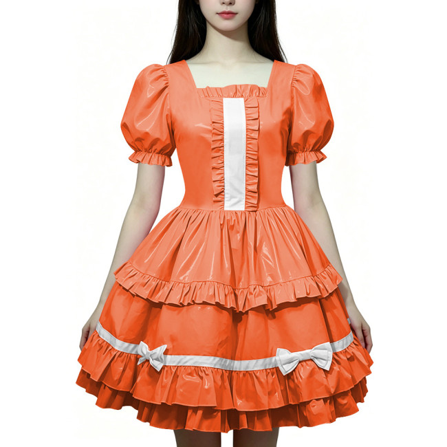 Women Wetlook PVC Leather Maid Dress Double Trim Mini Dress Zipper Party Lolita Cosplay Uniform Square Collar Evening Streetwear