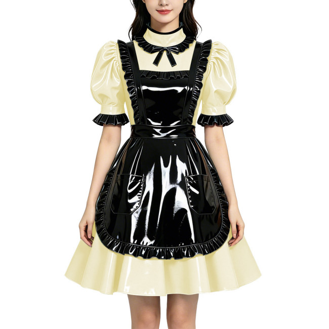 Shiny PVC Vinyl Wetlook Maid Gothic Cosplay Ruffle Apron Lolita Puff Short Sleeve Dress Fetish Bow Neck Waitress Uniform Dress