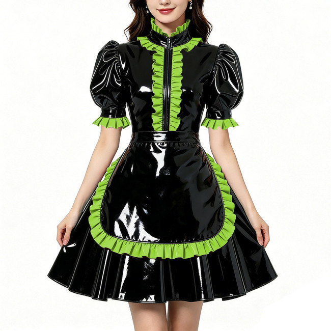 Glossy Shiny PVC Zipper Maid Dress Puff Short Sleeve Maid Bodycon Mini Skirt Fetish Cosplay Evening Party Streetwear Uniform