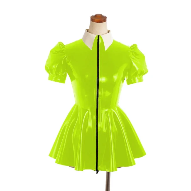 Sexy PVC Leather Slim A-line Dress Shiny Puff Short Sleeved Nightclub Mini Club Dresses Faux Latex Dress Women's Dance Clubwear