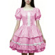 Women Wetlook PVC Leather Maid Dress Double Trim Mini Dress Zipper Party Lolita Cosplay Uniform Square Collar Evening Streetwear