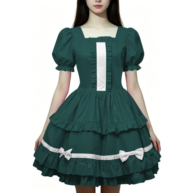 Women Wetlook PVC Leather Maid Dress Double Trim Mini Dress Zipper Party Lolita Cosplay Uniform Square Collar Evening Streetwear