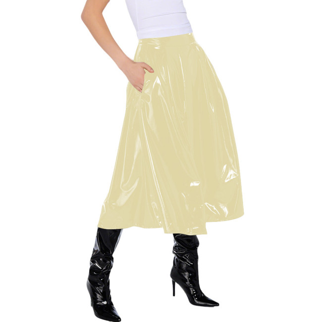 Office Lady Vinyl PVC Leather High Waist Pleated Midi Skirt Gothic Wetlook Side Pocket Skirt Casual Sexy Cosplay Streetwear