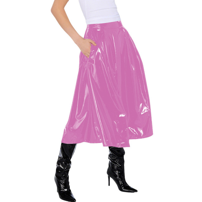Office Lady Vinyl PVC Leather High Waist Pleated Midi Skirt Gothic Wetlook Side Pocket Skirt Casual Sexy Cosplay Streetwear