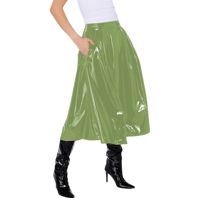 Office Lady Vinyl PVC Leather High Waist Pleated Midi Skirt Gothic Wetlook Side Pocket Skirt Casual Sexy Cosplay Streetwear