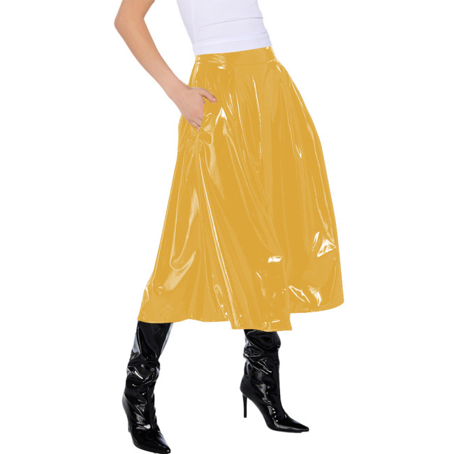 Office Lady Vinyl PVC Leather High Waist Pleated Midi Skirt Gothic Wetlook Side Pocket Skirt Casual Sexy Cosplay Streetwear