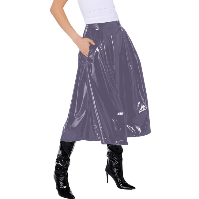 Office Lady Vinyl PVC Leather High Waist Pleated Midi Skirt Gothic Wetlook Side Pocket Skirt Casual Sexy Cosplay Streetwear