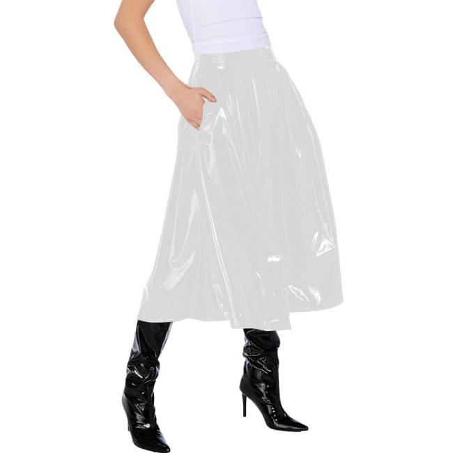Office Lady Vinyl PVC Leather High Waist Pleated Midi Skirt Gothic Wetlook Side Pocket Skirt Casual Sexy Cosplay Streetwear