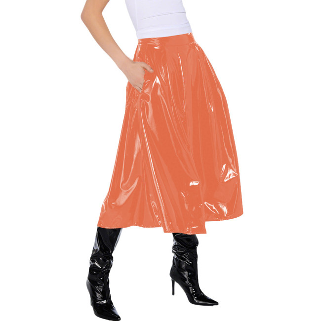 Office Lady Vinyl PVC Leather High Waist Pleated Midi Skirt Gothic Wetlook Side Pocket Skirt Casual Sexy Cosplay Streetwear