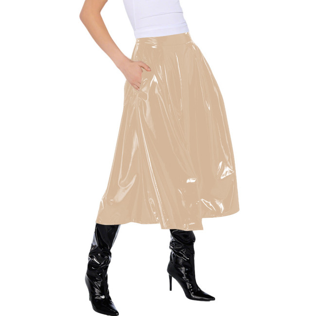 Office Lady Vinyl PVC Leather High Waist Pleated Midi Skirt Gothic Wetlook Side Pocket Skirt Casual Sexy Cosplay Streetwear