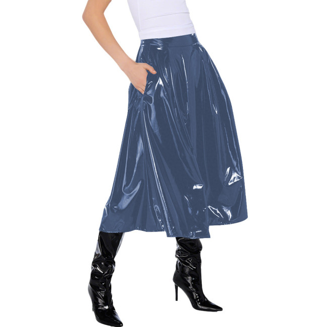 Office Lady Vinyl PVC Leather High Waist Pleated Midi Skirt Gothic Wetlook Side Pocket Skirt Casual Sexy Cosplay Streetwear