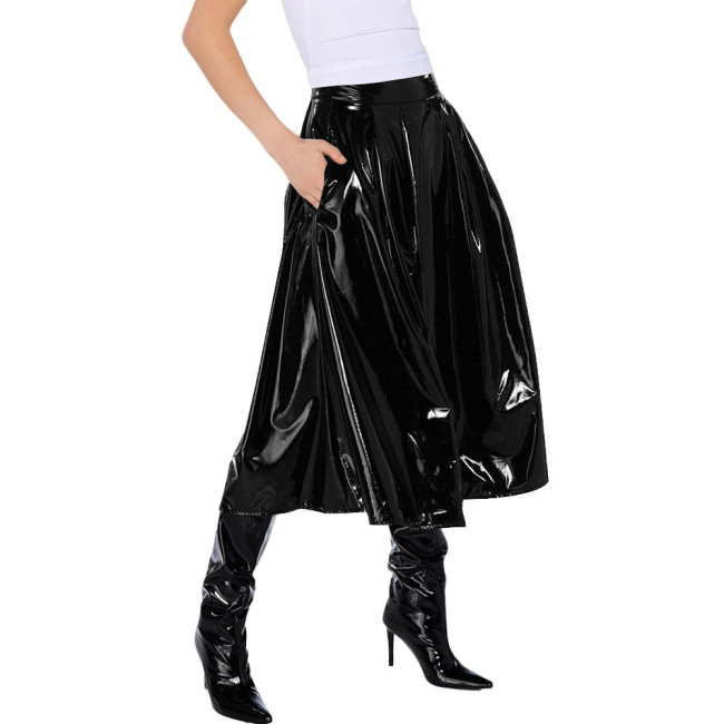 Office Lady Vinyl PVC Leather High Waist Pleated Midi Skirt Gothic Wetlook Side Pocket Skirt Casual Sexy Cosplay Streetwear