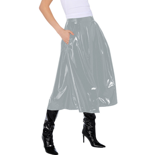 Office Lady Vinyl PVC Leather High Waist Pleated Midi Skirt Gothic Wetlook Side Pocket Skirt Casual Sexy Cosplay Streetwear